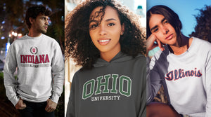 Banner with people wearing Indiana University, Ohio University, and Illinois Sweatshirts
