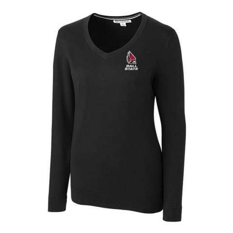 BSU Cardinals Women's Cutter & Buck Lakemont Tri-Blend V-Neck Black Sweater