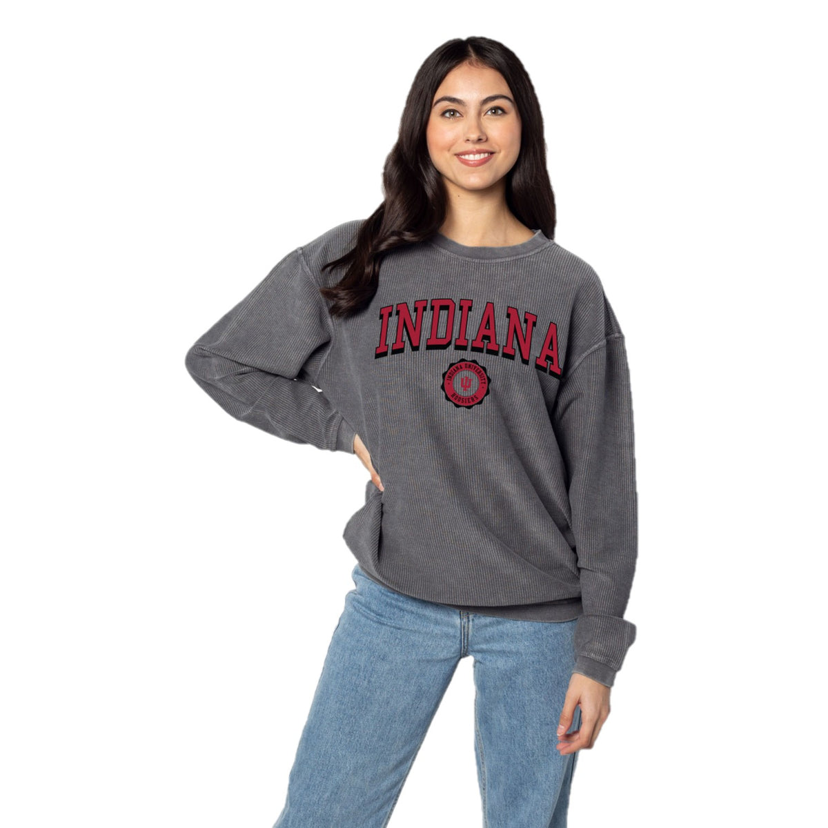 NCAA Indiana Hoosiers Women's Corded Crew Sweatshirt – Soft Vintage Wash (Large, Natural)