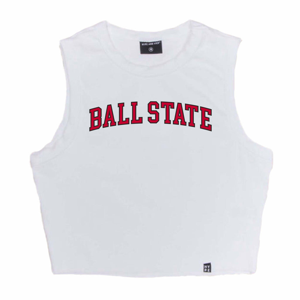 Ball State White Hype &amp; Vice Crop Tank